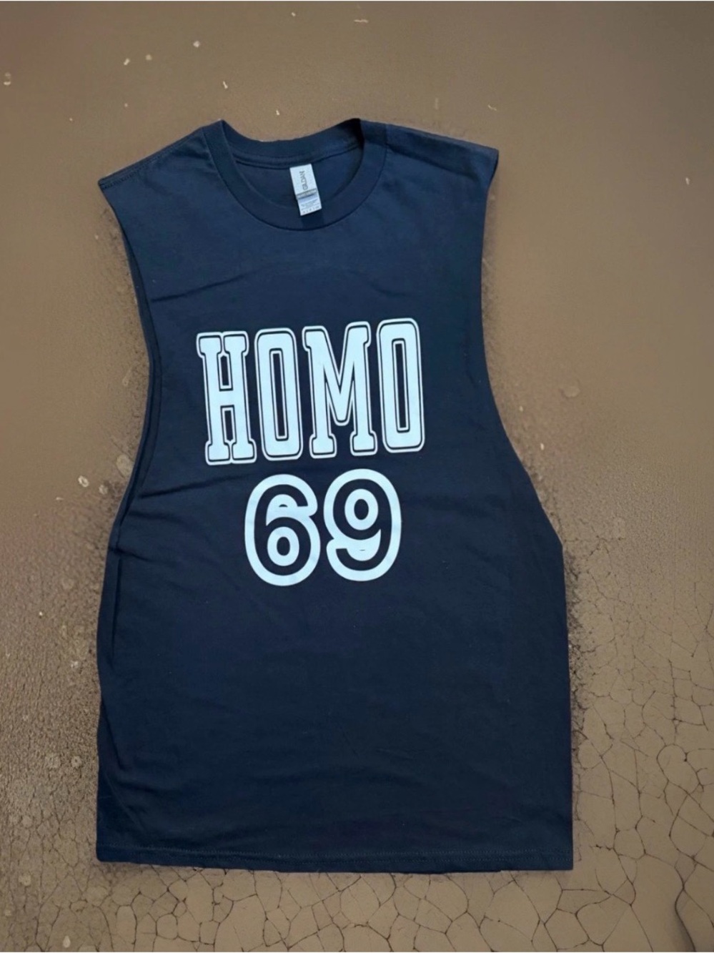 Black Sleeveless Muscle Tee with 'HOMO 69' Graphic